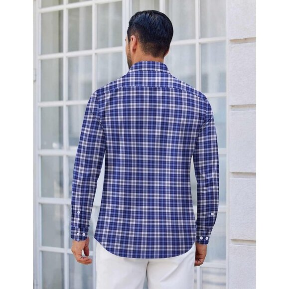Men’s Long Sleeve Plaid Dress Shirt, Cotton Button-Down Wrinkle-Free Navy Blue - Picture 4 of 5